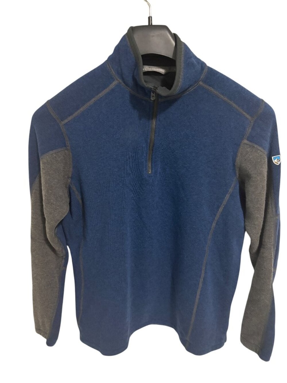 Kuhl 1/4 Zip Pullover Sweater Blue Gray Accents Mock Neck Long Sleeve Size L